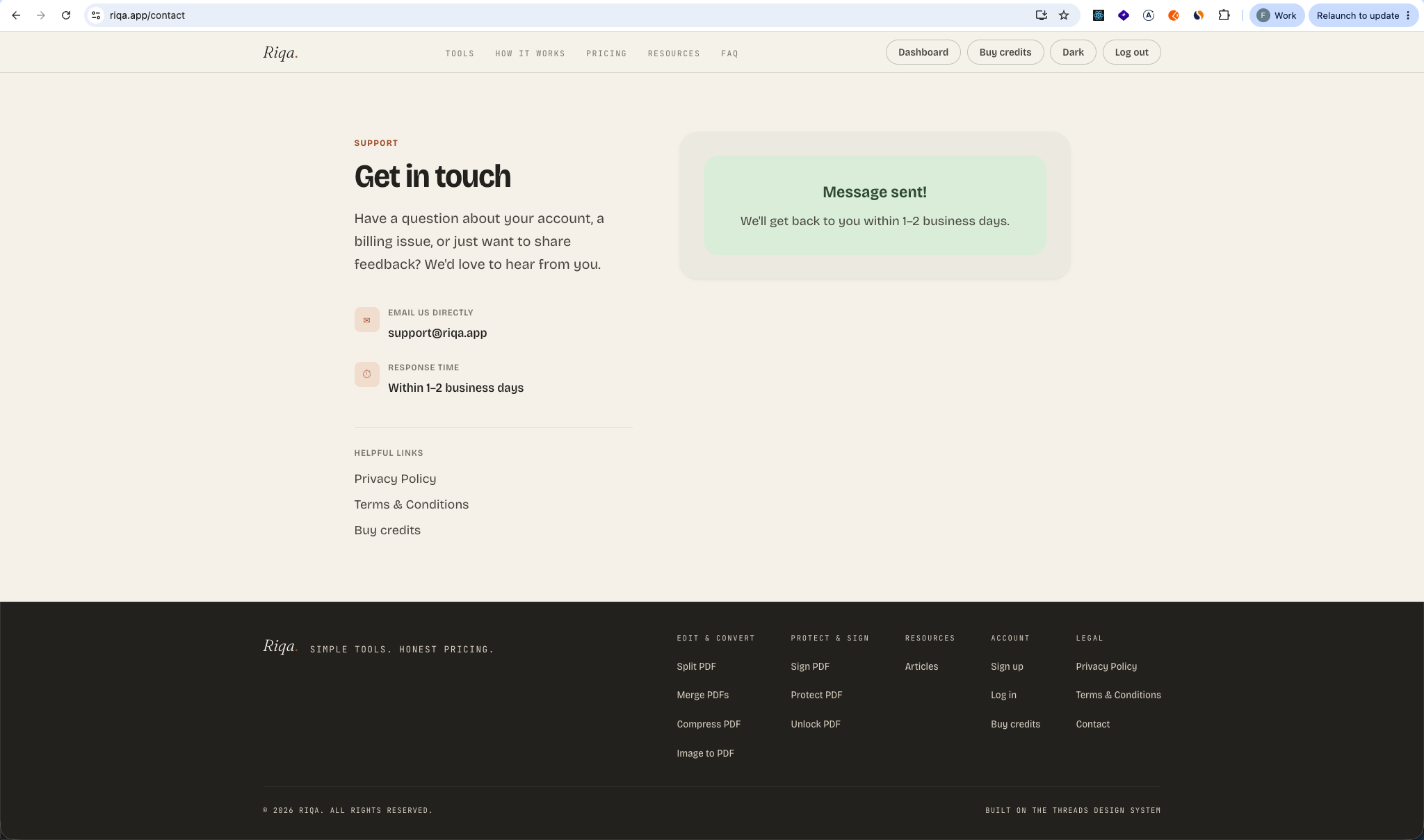 Riqa contact form submitted confirmation