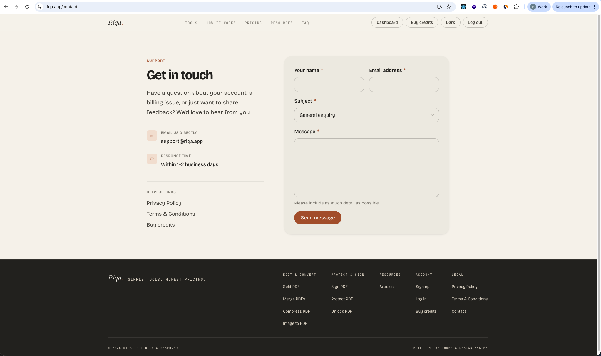 Riqa contact form with clear fields and confirmation